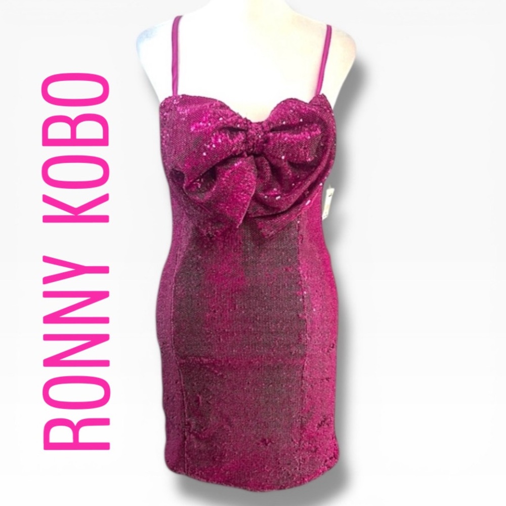 TORN BY RONNY KOBO Strapless Red Sequin Stretch Body Con Dress with Bow NWT S